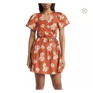 Madewell Floral Wrap Dress Rust Red & White Short Sleeve V-Neck Womens Size L
